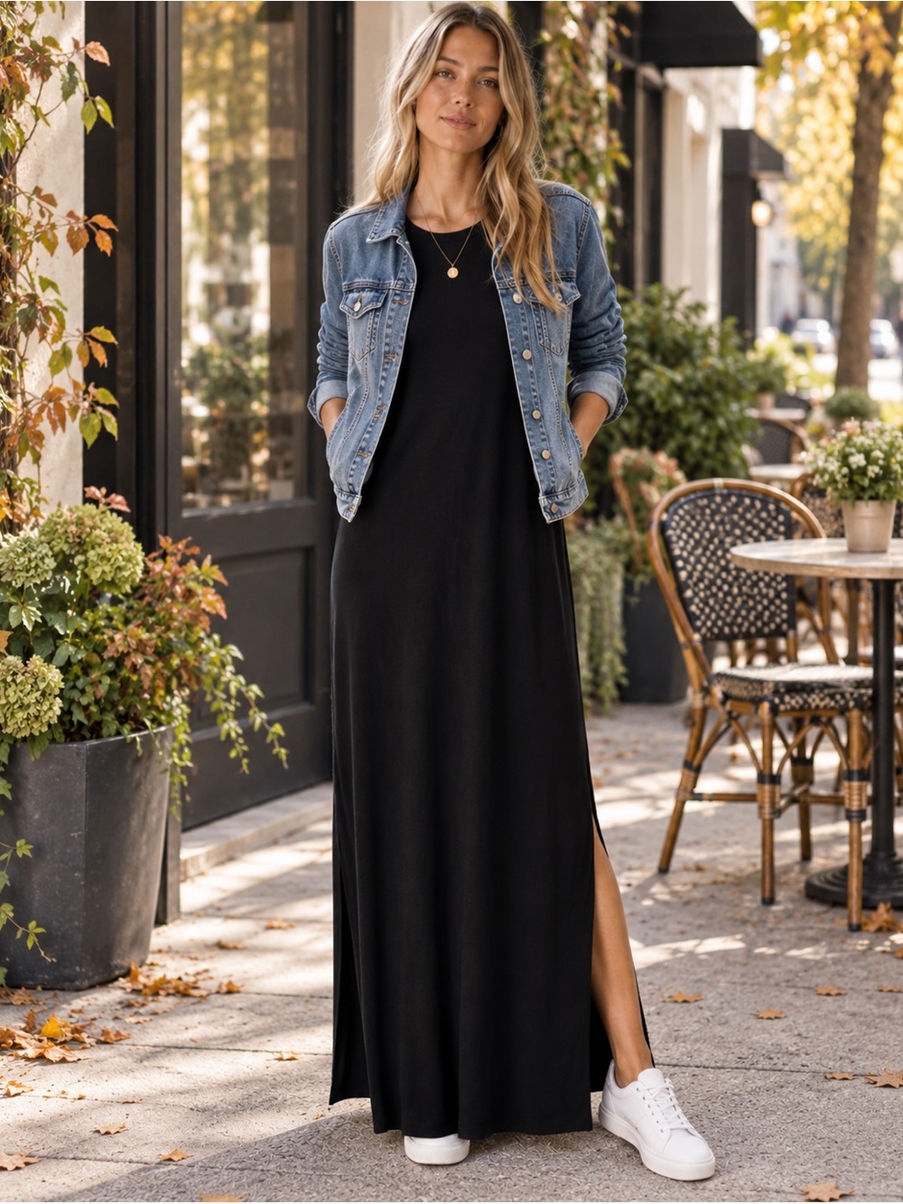 Ag Adriano Goldschmied Black Short-Sleeve Maxi Dress with Side Slit